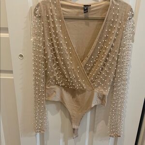 Windsor Pearl Embellished Bodysuit - Tan
